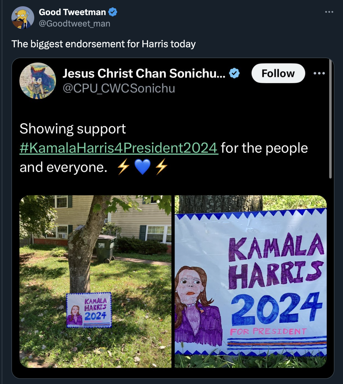 Christine Weston Chandler - Good Tweetman The biggest endorsement for Harris today Jesus Christ Chan Sonichu... CWCSonichu Showing support Harris4President2024 for the people and everyone. Kamala Hakkis 2024 Kamala Harris 2024 For President